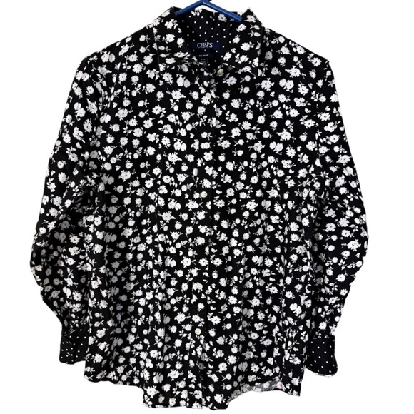 🌹Chaps Black Floral/Dot Casual Button Down Shirt - Picture 1 of 5
